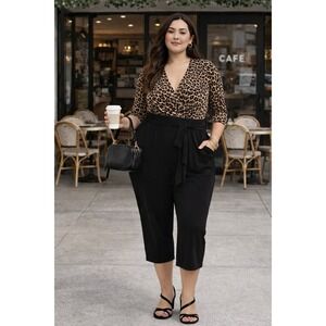 NWT Torrid Womens Leopard Print Jumpsuit Sz 3X Black Wide Leg Tie Waist Pockets